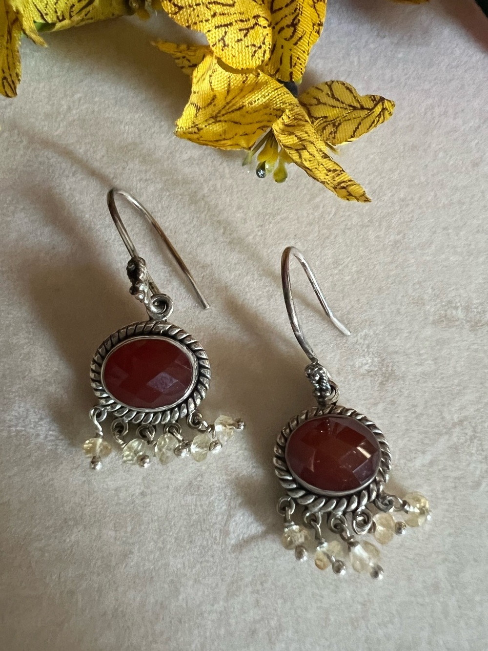 Sterling Silver Red Carnelian Dangle Earrings with Citrine Bead Fringe